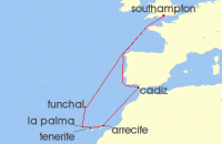 Cruise itinerary map for Cunard Line 12 Night Canary Islands (135606)