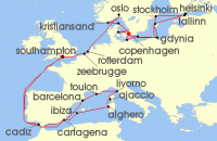 Cruise itinerary map for Princess Cruises 37 Night Mediterranean & Baltic Explorer (143113)