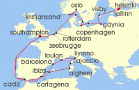 Cruise itinerary map for Princess Cruises 29 Night Mediterranean & Baltic Explorer (143114)