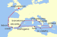 Cruise itinerary map for P & O Cruises 21 Night Central Mediterranean Discovery (126939)