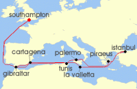 Cruise itinerary map for P & O Cruises 21 Night Eastern Mediterranean Discovery (121064)