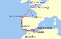 Cruise itinerary map for Princess Cruises 14 Night Spain, France & Portugal with Total Solar Eclipse (121709)