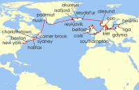 Cruise itinerary map for Oceania Cruises 64 Night Northern & Baltic Legends London to New York (132987)