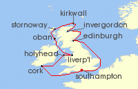 Cruise itinerary map for Cunard Line 14 Night British Isles (135106)