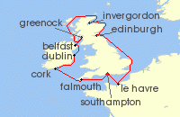 Cruise itinerary map for Princess Cruises 11 Night British Isles with France & Belfast (135198)