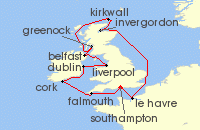 Cruise itinerary map for Princess Cruises 12 Night British Isles with France & Belfast (135207)
