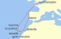Cruise itinerary map for Cunard Line 14 Night Canary Islands (27899)