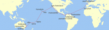 Cruise itinerary map for P & O Cruises 49 Night Southampton to Brisbane (141076)