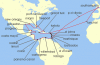Cruise itinerary map for P & O Cruises 75 Night America And Caribbean Discovery (139330)