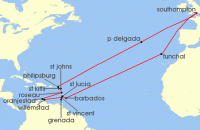 Cruise itinerary map for Cunard Line 35 Night Eastern Caribbean (118634)
