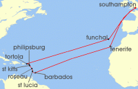 Cruise itinerary map for Cunard Line 28 Night Eastern Caribbean (118592)