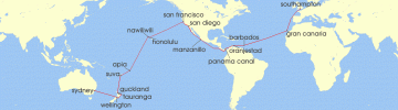 Cruise itinerary map for P & O Cruises 49 Night Southampton To Sydney (139441)