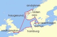 Cruise itinerary map for P & O Cruises 14 Night Northern Europe And Scandinavia (134100)