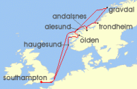 Cruise itinerary map for P & O Cruises 12 Night Norwegian Fjords (91023)