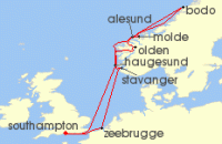 Cruise itinerary map for P & O Cruises 14 Night Norwegian Fjords (121056)