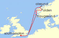 Cruise itinerary map for Cunard Line 7 Night Norwegian Fjords (140528)