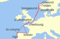Cruise itinerary map for P & O Cruises 14 Night Norwegian Fjords Spain And France (139192)