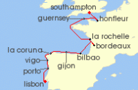 Cruise itinerary map for Regent Seven Seas Cruises 13 Night Sparkling Wines & Glimmering Seas London (Southampton) To Lisbon (136405)