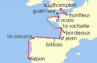 Cruise itinerary map for Regent Seven Seas Cruises 12 Night Wines, Beaches & Flamenco London (Southampton) To Lisbon (136074)