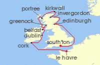 Cruise itinerary map for Oceania Cruises 11 Night Celtic Coronation London to Paris (133005)