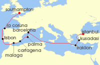Cruise itinerary map for Cunard Line 17 Night Mediterranean And Greek Islands (118580)