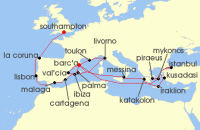 Cruise itinerary map for Cunard Line 31 Night Mediterranean And Greek Islands (134998)