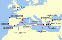 Cruise itinerary map for Cunard Line 24 Night Mediterranean And Greek Islands (127116)