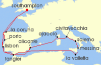 Cruise itinerary map for P & O Cruises 19 Night Western Mediterranean Discovery (121053)