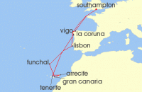 Cruise itinerary map for P & O Cruises 16 Night Christmas In Spain Portugal Canary Islands (126192)