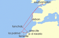 Cruise itinerary map for Cunard Line 14 Night Canary Islands (118693)