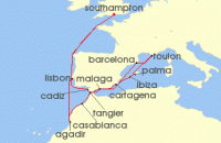 Cruise itinerary map for P & O Cruises 21 Night Western Mediterranean Discovery (134278)