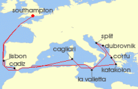 Cruise itinerary map for Cunard Line 19 Night Central Mediterranean (135099)
