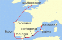 Cruise itinerary map for Cunard Line 10 Night Spain And Portugal (118579)