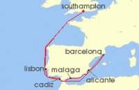 Cruise itinerary map for Cunard Line 12 Night Spain And Portugal (118597)