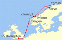 Cruise itinerary map for Cunard Line 14 Night Norway And Northern Lights (140530)