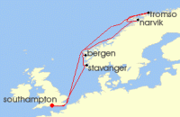 Cruise itinerary map for Cunard Line 12 Night Norway And Northern Lights (139281)