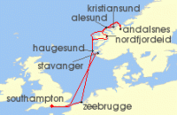 Cruise itinerary map for P & O Cruises 12 Night Norwegian Fjords (121049)