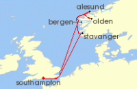 Cruise itinerary map for Cunard Line 7 Night Norwegian Fjords (42333)