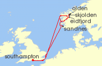 Cruise itinerary map for Fred Olsen Cruise Lines 8 Night Mountains, Glaciers & Fjords of Norway (127287)