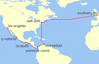 Cruise itinerary map for Cunard Line 26 Night Southampton To Los Angeles (137579)