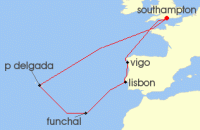 Cruise itinerary map for Cunard Line 12 Night Azores (118723)