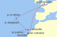 Cruise itinerary map for Cunard Line 14 Night Azores And The Canary Islands (139280)