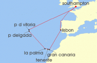 Cruise itinerary map for Cunard Line 14 Night Azores (140529)