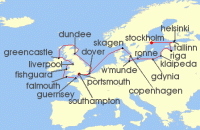 Cruise itinerary map for Silversea Cruises 24 Night Southampton To Stockholm (141017)