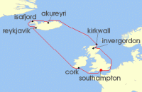 Cruise itinerary map for P & O Cruises 14 Night Iceland (120921)
