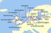 Cruise itinerary map for Oceania Cruises 28 Night Summer At Sea London to Copenhagen (138169)