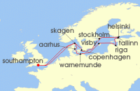 Cruise itinerary map for Oceania Cruises 14 Night Northern Exposure London to London (138168)
