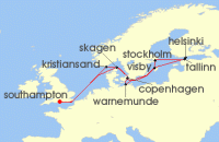 Cruise itinerary map for Princess Cruises 14 Night Norway, Denmark & Sweden (139216)