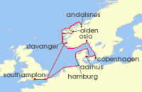 Cruise itinerary map for P & O Cruises 14 Night Northern Europe And Scandinavia (120925)