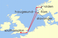 Cruise itinerary map for P & O Cruises 7 Night Norwegian Fjords (91063)